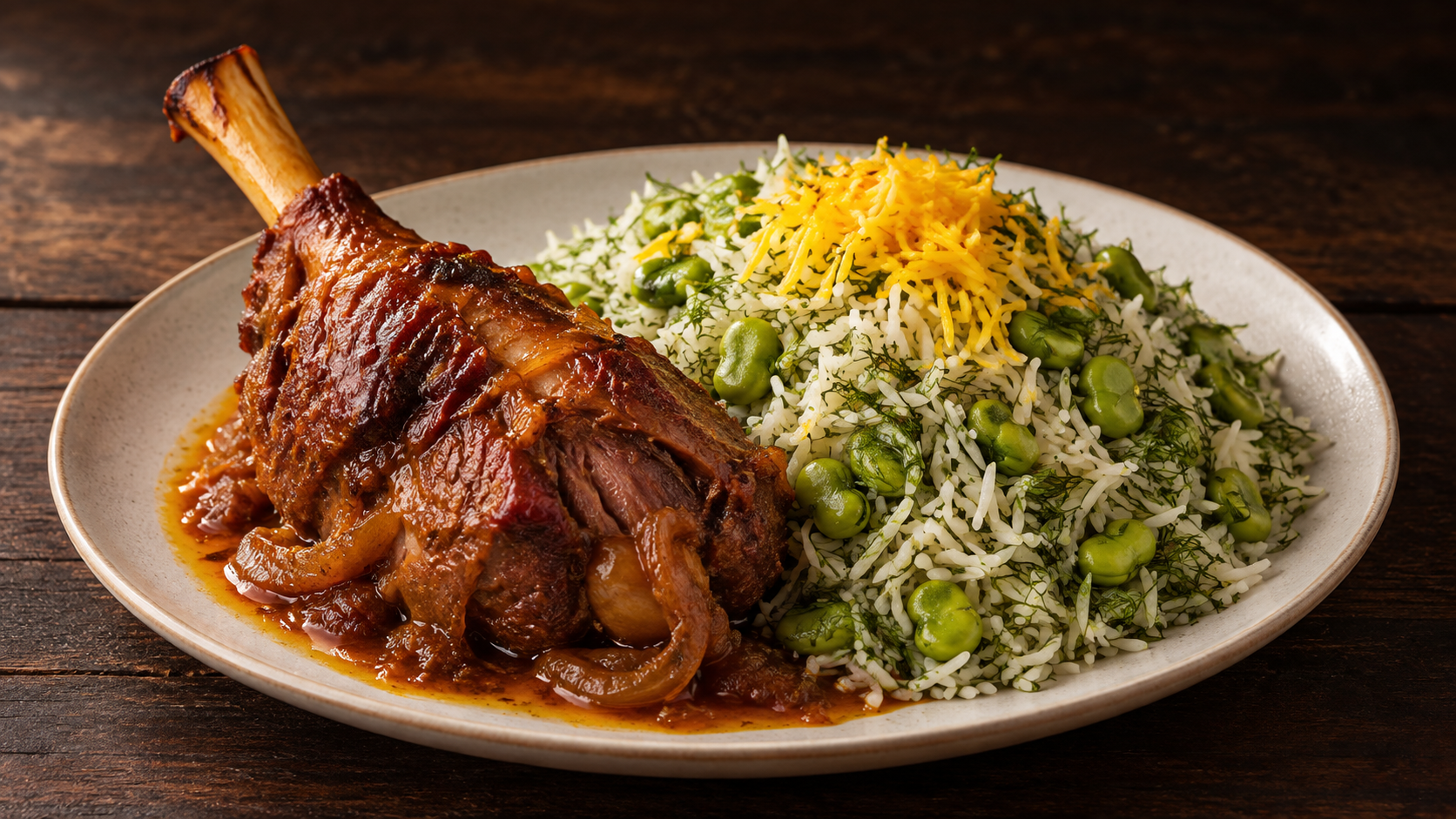 Fava bean and dill rice with lamb shank
